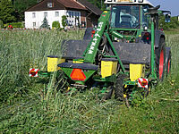 Traktor mit Spezialsämaschine für Direktsaaten in einem stehenden Roggenfeld