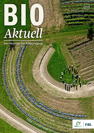 Titelseite Bioaktuell 10|23: Keyline-Design von oben: Gemüse den Höhenlinien entlang gepflanzt.
