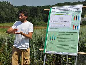 Mann erklärt ein Poster, das vor der Parzelle mit Weizen in Ähren