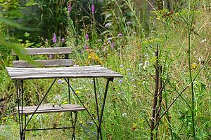 Ein Tisch mit einem Stuhl in einem Garten.