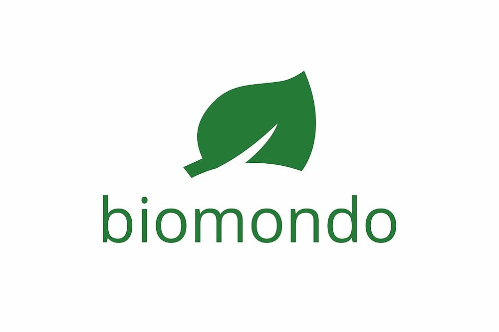 Logo Biomondo mit Blattsymbol und grünem Schriftzug