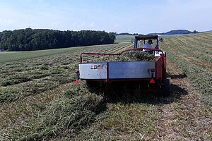 Eine kleine Maschine hinter einem Traktor, die eine Luzerneschwad wendet