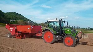 Traktor mit rotem Anhänger bei der Kartoffelpflanzung