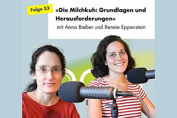 Zwei Frauen sitzen vor Podcast-Mikrofone