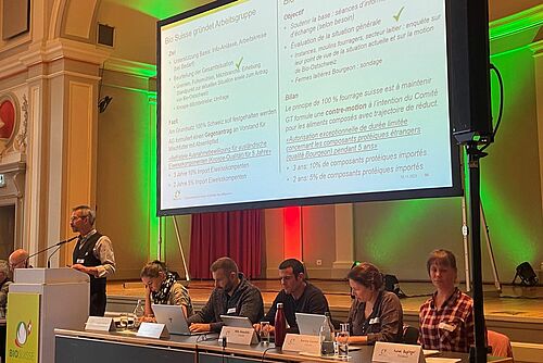 Urs Brändli steht am Rednerpult, die Vorstandsmitglieder sitzen am Tisch