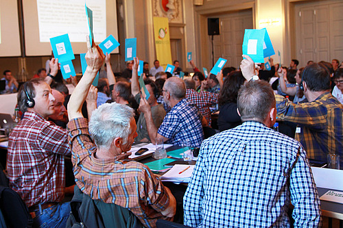 Delegierte beim Abstimmen im Saal