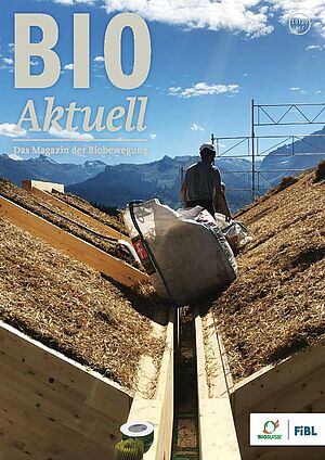Titelseite Bioaktuell 10|2020: zwei Arbeiter auf einem Strohdach, das im Berggebiet im Bau ist.