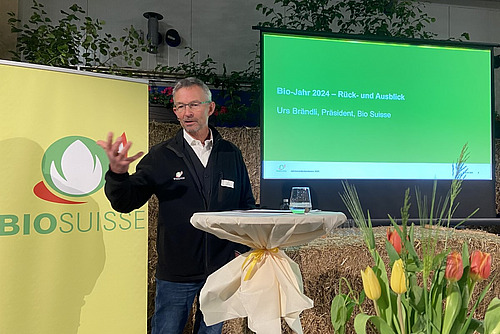Ein Referent vor eine Power-Point-Präsentation und einem Rollup, im Vordergrund eine Blumendekoration.