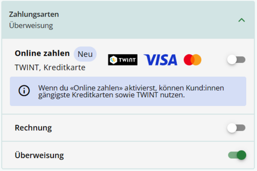 Screenshot der Aktivierungsseite für Online-Zahlungen.