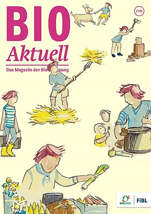 Titelseite Bioaktuell 2|2022: Illustrationen von Frauen bei der Arbeit auf dem Hof