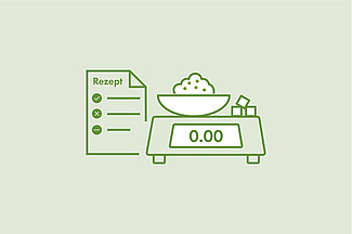 Die Illustration zeigt einen Rezeptbogen und eine Waage mit einer Schüssel und Zuckerwürfeln. 