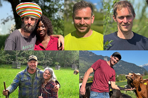 Ein aus fünf Bildern zusammengesetztes Bild mit 1 bis 2 Personen in landwirtschaftlicher Umgebung pro Bild. 
