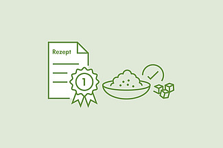 Die Illustration zeigt eine Auszeichnung vor dem Rezeptbogen, daneben steht ein Haken beim symbolischen Zucker und Salz.