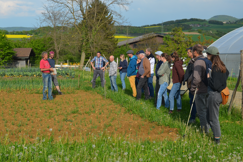 Zwei Männer im Gespräch mit einer Gruppe Personen auf einem Feld.