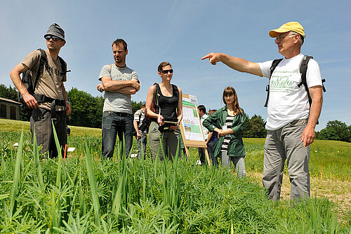 Mann zeigt den Zuhöreren etwas im Feld