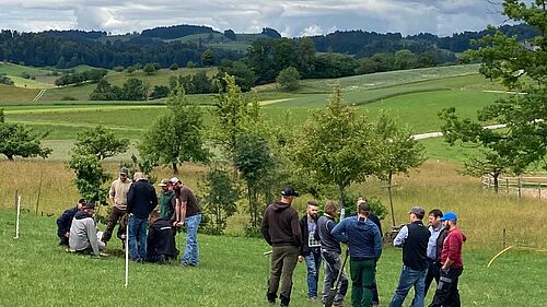 2 Gruppen von Menschen im Kreis auf einem Feld.
