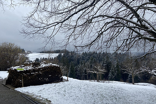 Landschaftsbild mit einem Miststock im Zentrum