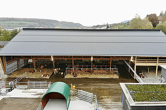 Luftaufnahme des FiBL-Freilaufstalls.