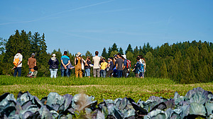 Eine Gruppe Menschen steht auf dem Feld und diskutiert.