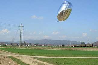 Silberner Folienballon über einem Maisfeld.