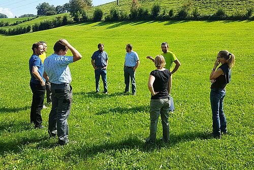 sechs Männer und zwei Frauen stehen auf einer Wiese im Kreis und diskutieren