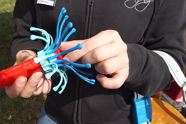 Frau hält ein spinnenähnliches Gebilde in den Händen