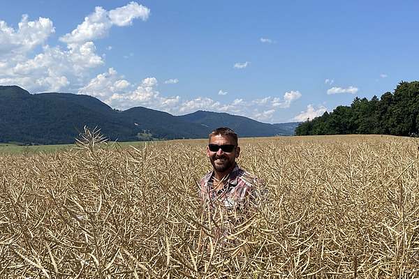 Ein Mann steht bis zum Hals in einem Rapsfeld. 