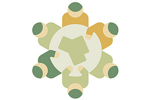 auf dem Logo sind mehrere abstrahierte Personen zu sehen, die um einen runden Tisch herum sitzen. 