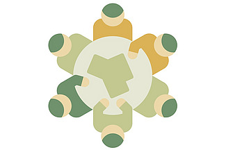 auf dem Logo sind mehrere abstrahierte Personen zu sehen, die um einen runden Tisch herum sitzen. 