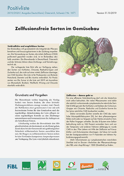 Titelseite der Positivliste «Zellfusionsfreie Sorten im Gemüsebau» 2019/20