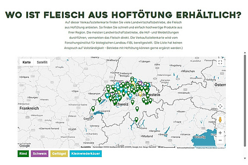 Karte auf der Webseite mit Betrieben, bei denen Fleisch aus Hoftötung erhältlich ist.