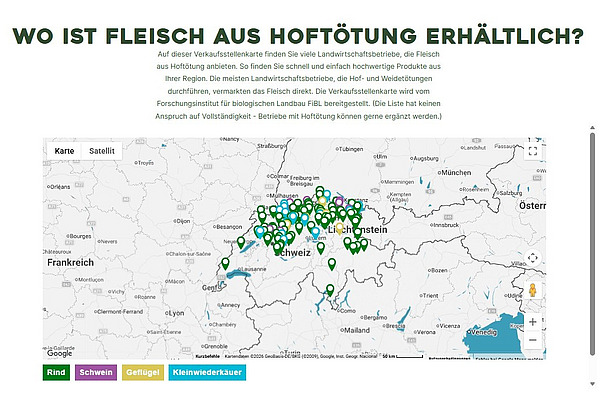Karte auf der Webseite mit Betrieben, bei denen Fleisch aus Hoftötung erhältlich ist.