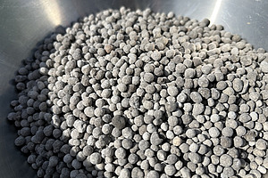 In einer Schüssel sind graue kleine Körner zu sehen. 