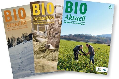 3 Titelblätter des Magazins Bioaktuell in den drei Sprachen Deutsch, Französisch und Italienisch