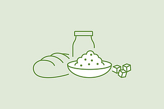 Auf einer Illustration sind ein Brot, eine Flasche, eine gefüllte Schüssel und Zuckerwürfel abgebildet. 