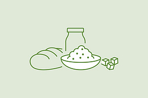 Auf einer Illustration sind ein Brot, eine Flasche, eine gefüllte Schüssel und Zuckerwürfel abgebildet. 