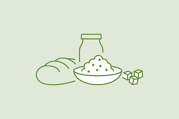 Auf einer Illustration sind ein Brot, eine Flasche, eine gefüllte Schüssel und Zuckerwürfel abgebildet. 
