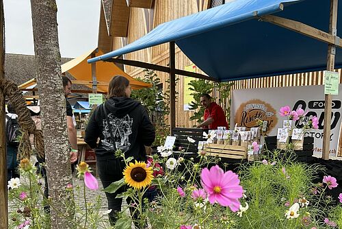 Impression vom Markt der Vielfalt mit Blumen im Vordergrund, Marktstand im Hintergrund.