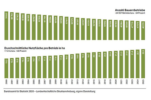 Zwei Säulendiagramme zum Strukturwandel in der Landwirtschaft.