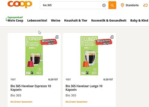 Online-Verkaufsseite für biologischen Kaffee.