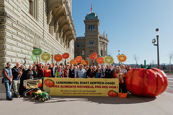 Eine grössere Gruppe von Menschen posiert auf einem Platz vor dem Bundeshaus in Bern mit einer riesigen Tomate aus Pappmaché.. 