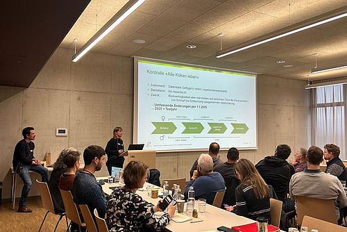 Zwei Personen präsentieren den Teilnehmenden einer Konferenz eine Folie mit dem Titel "Kontrolle: Alle Küken leben".