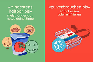 Abbildungen der Sinne: Mund, Nase, Auge. Abbildung einer Pfanne und einer Schneeflocke.