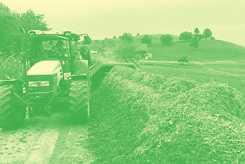 Bauer im Traktor vor Komposthaufen. Filter grün.