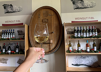 Ein Glas Wein in einer Hand und Weinflaschen in einem Gestell