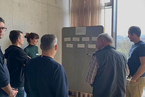 Eine Gruppe Personen steht vor einem Flipchart und diskutiert. 