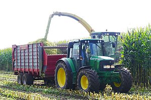 Maishäcksler und Traktor mit Anhänger bei der Maisernte auf dem Feld