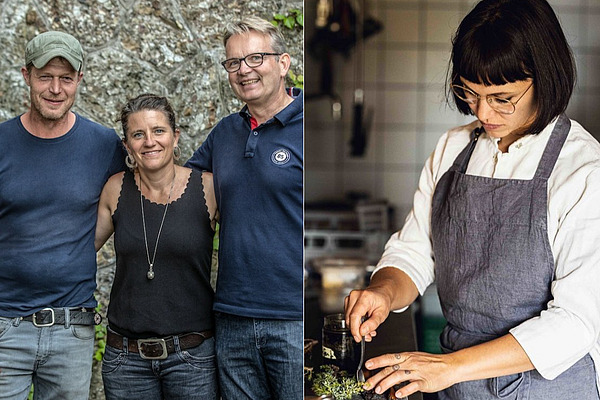 Bild von Sabina und Marcel Heinrich mit Freddy Christandl neben Bild von Rebecca Clopath.