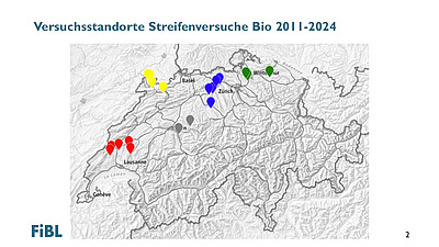 Folie mit den Versuchsstandorten der Streifenversuche von 2011-2024.