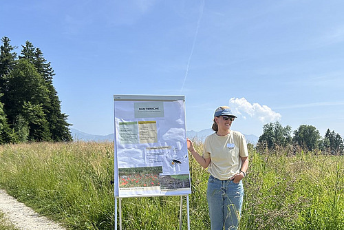Theres Rutz steht in einer Buntbrache und präsentiert auf einer Stellwand die Vor- und Nachteile dieser Biodiversitätsfördermassnahme.